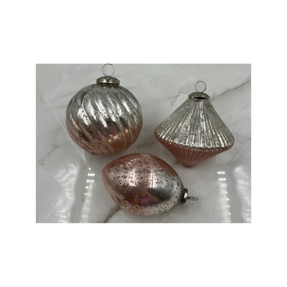 Balsam Hill French Country Jumbo Mercury Glass Ornaments Rose Gold Silver Set 3